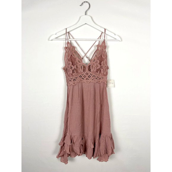 SOLD NWT Free People Adella Mini Slip Dress Tiered Lace Ruffled Rose Boho Small - Picture 3 of 10